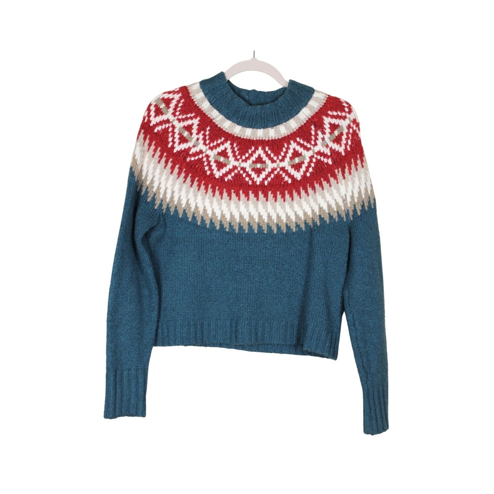 American Eagle Outfitters Teal & Red Cabincore Chunky Knit Fair Isle Sweater XS